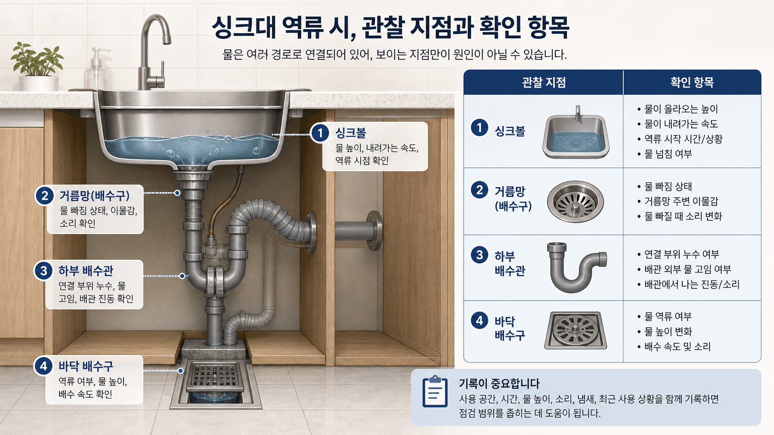 싱크대 역류의 관찰 지점을 설명하기