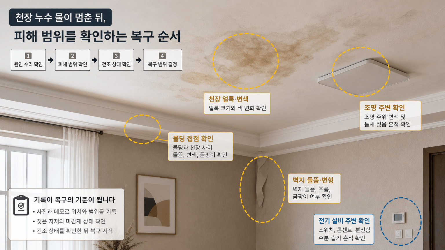 천장 누수 물이 멈춘 뒤, 피해 범위를 확인하는 복구 순서