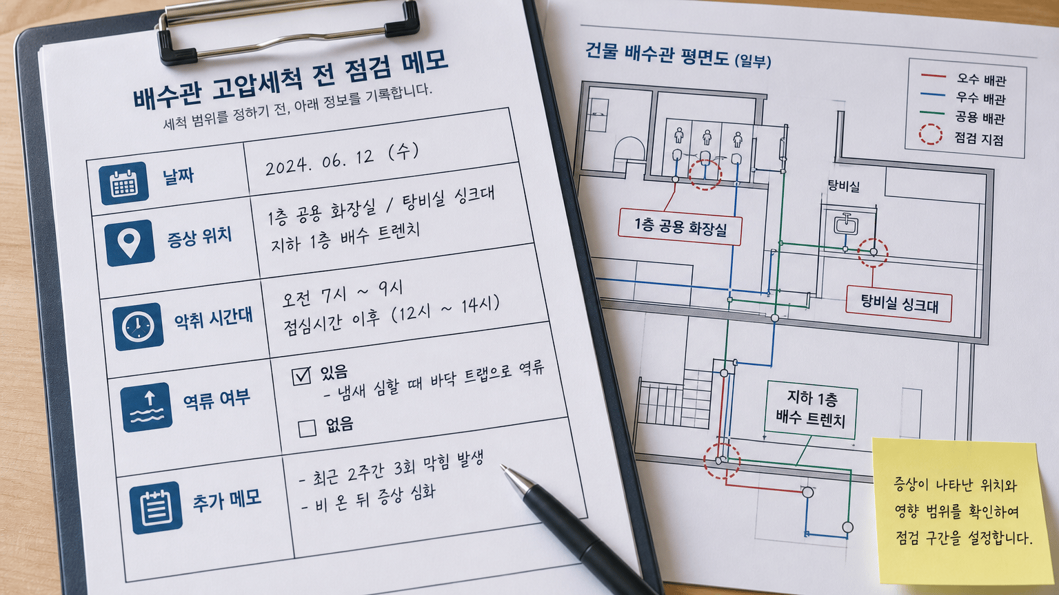 건물 배수관 고압세척 전, 증상별 작업 범위 확인 기준