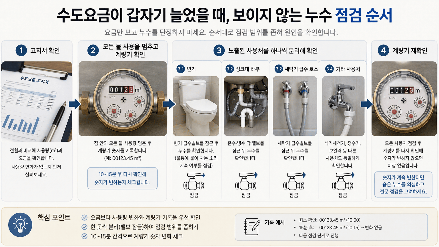 수도요금이 갑자기 늘었을 때, 보이지 않는 누수 점검 순서
