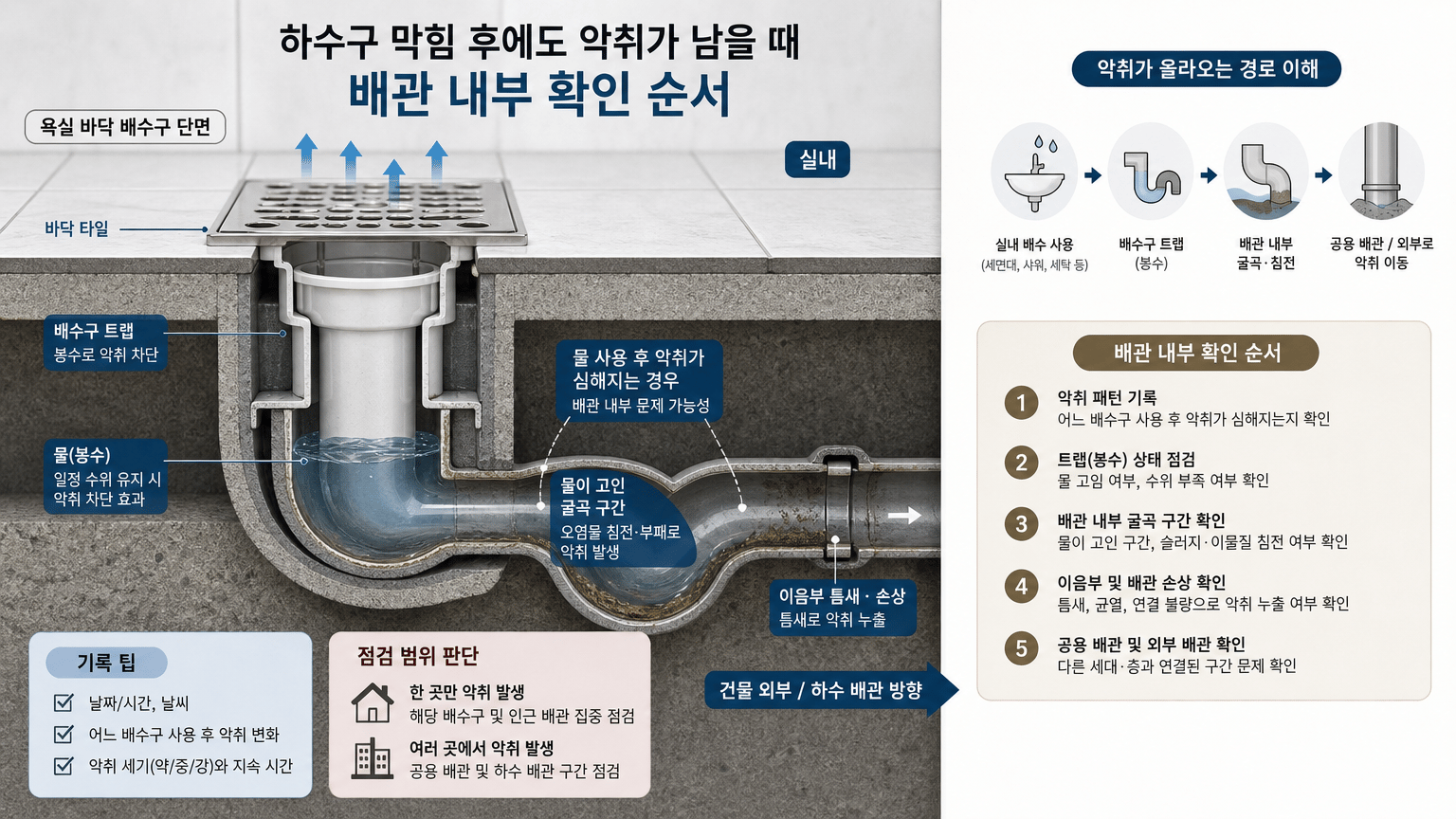 하수구 막힘 후에도 악취가 남을 때 배관 내부 확인 순서