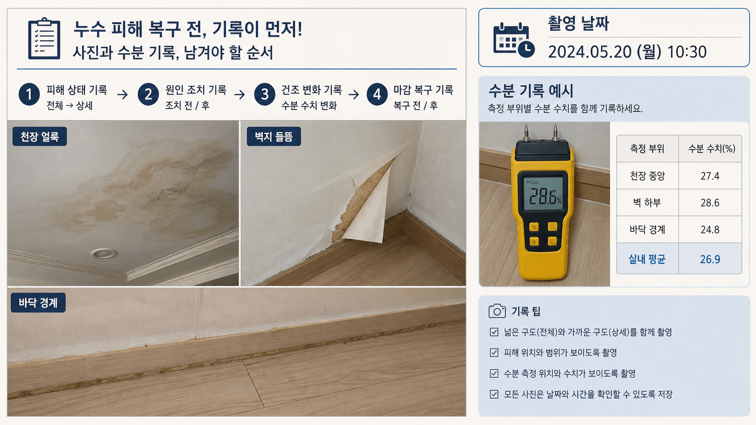 누수 피해 복구 전 사진과 수분 기록, 남겨야 할 순서