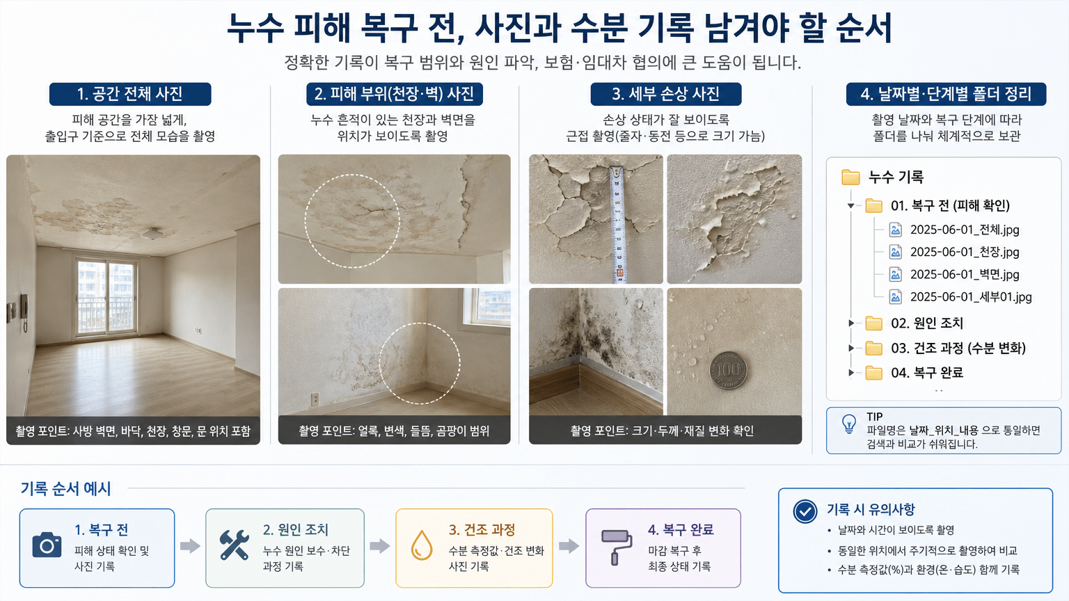 누수 피해 복구 전 사진과 수분 기록, 남겨야 할 순서