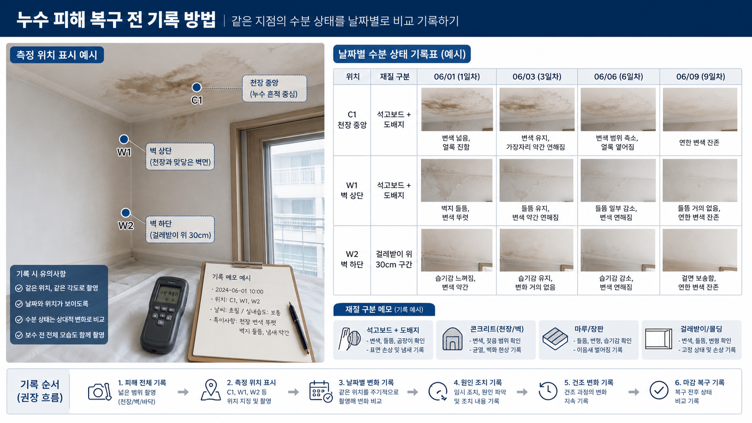 누수 피해 복구 전 사진과 수분 기록, 남겨야 할 순서