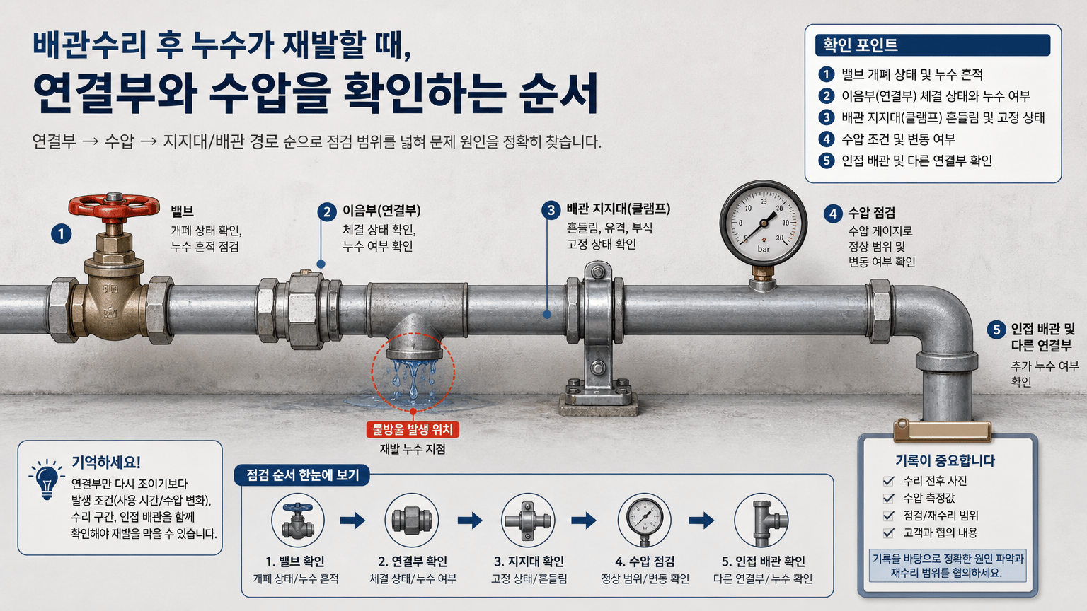 배관수리 후 누수가 재발할 때, 연결부와 수압을 확인하는 순서
