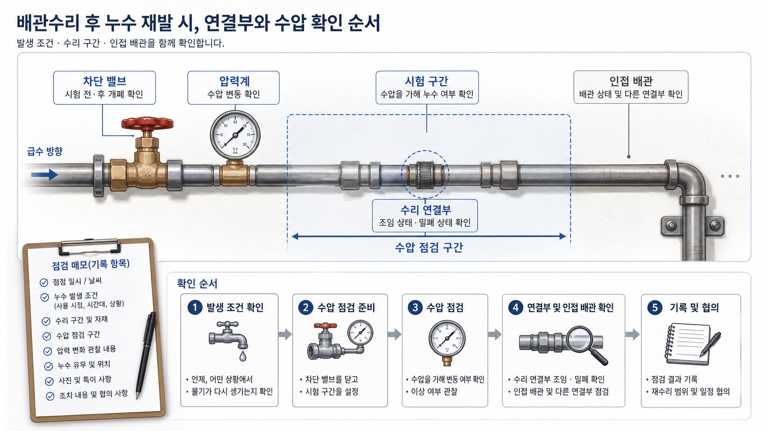 배관수리 후 누수가 재발할 때, 연결부와 수압을 확인하는 순서