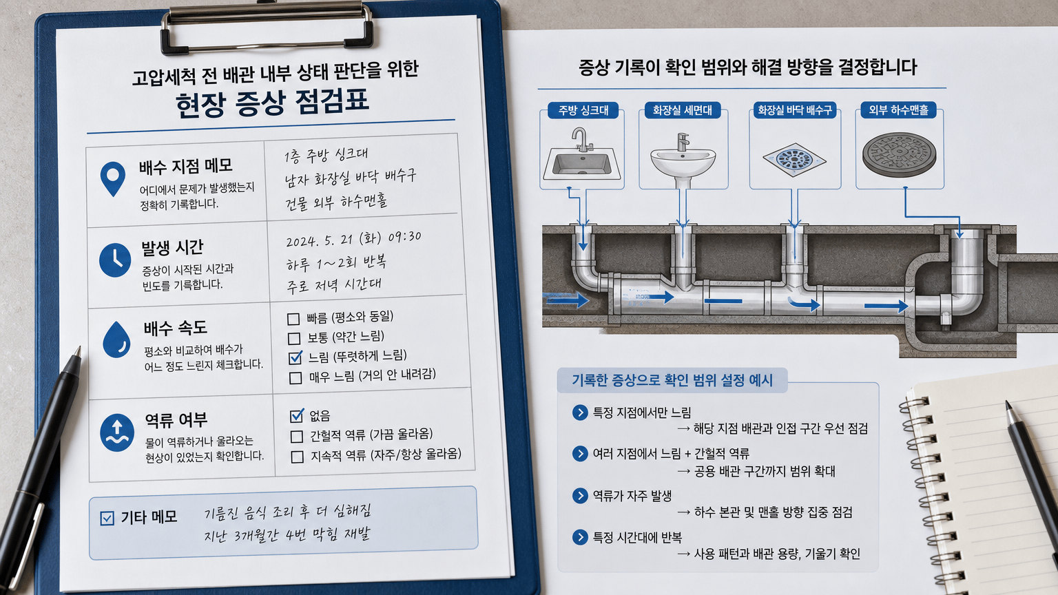 반복되는 하수구 막힘, 고압세척 전 배관 내부 상태 판단법