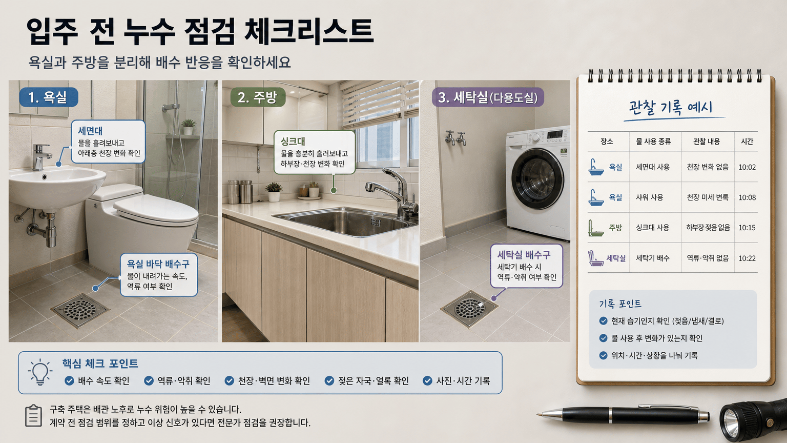 입주 전 누수 점검 체크리스트, 구축 주택 배관 이상 신호 확인법