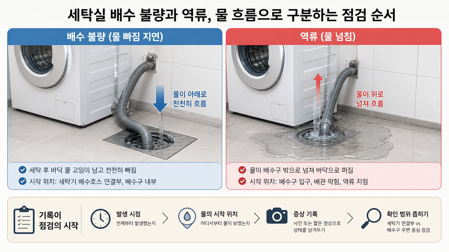 세탁실 배수 불량과 역류, 물 흐름으로 구분하는 점검 순서