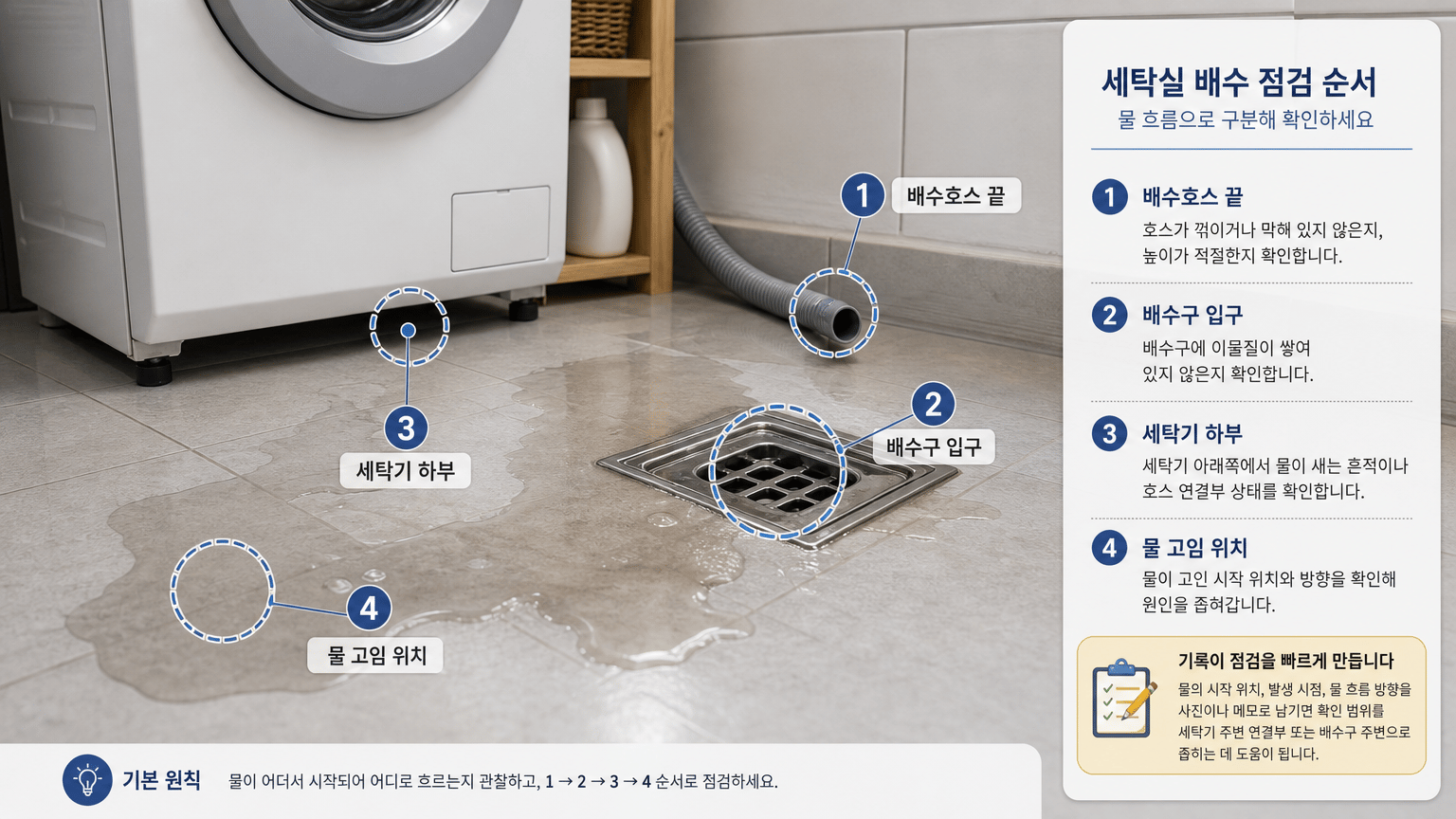 세탁실 배수 불량과 역류, 물 흐름으로 구분하는 점검 순서