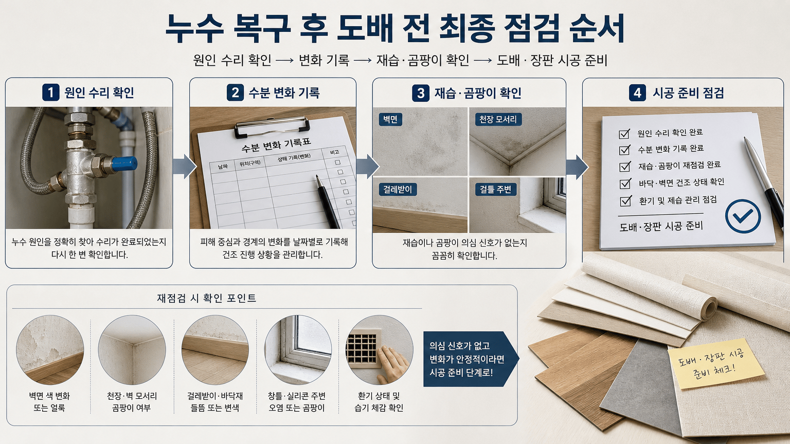 누수 복구 후 건조 상태, 도배 전 곰팡이와 재습 확인법