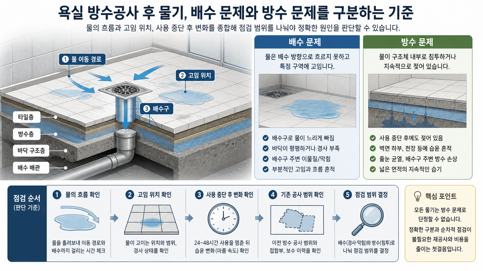 욕실 방수공사 후 물기, 배수 문제와 방수 문제를 구분하는 기준