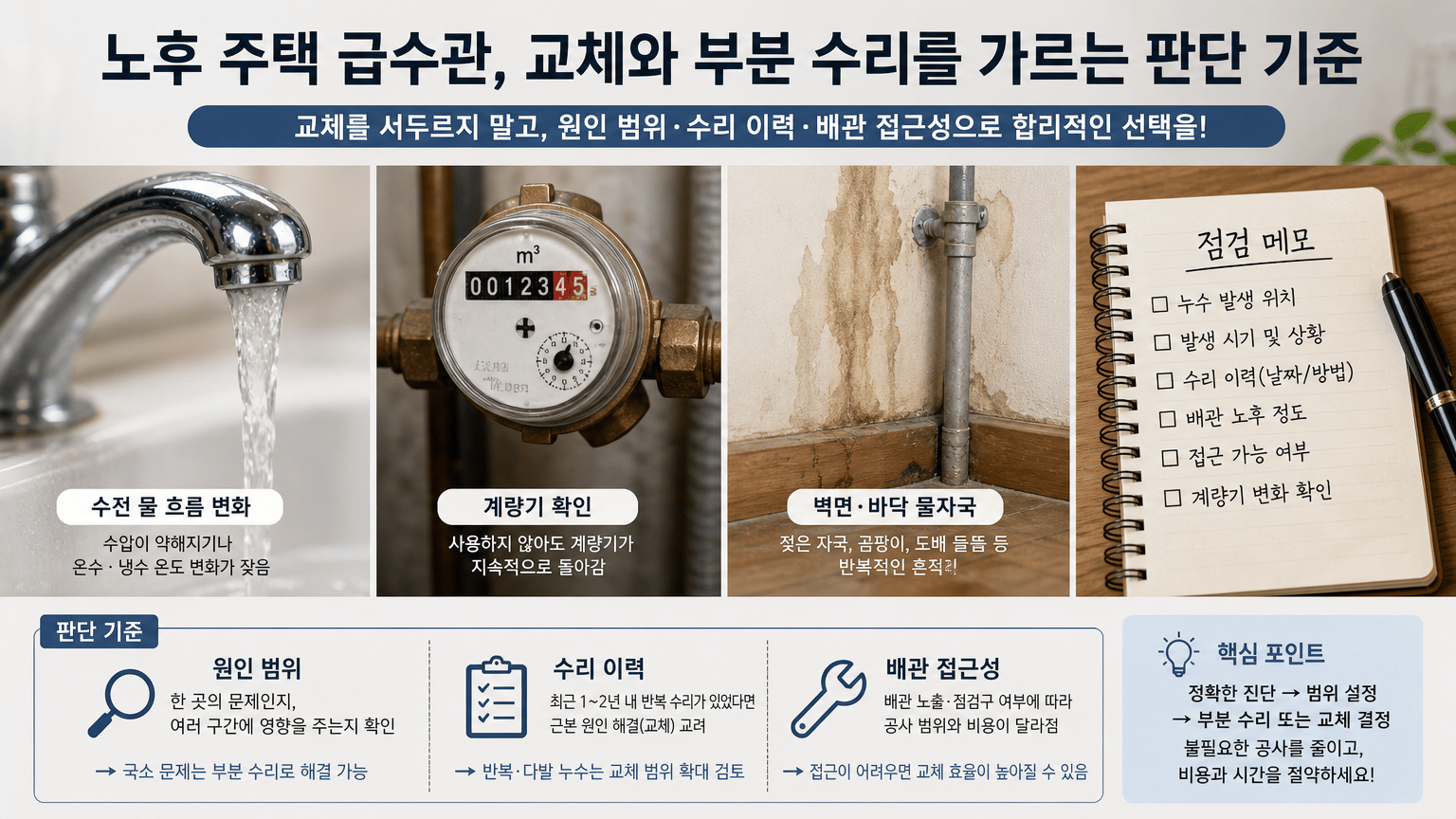 노후 주택 급수관, 교체와 부분 수리를 가르는 판단 기준