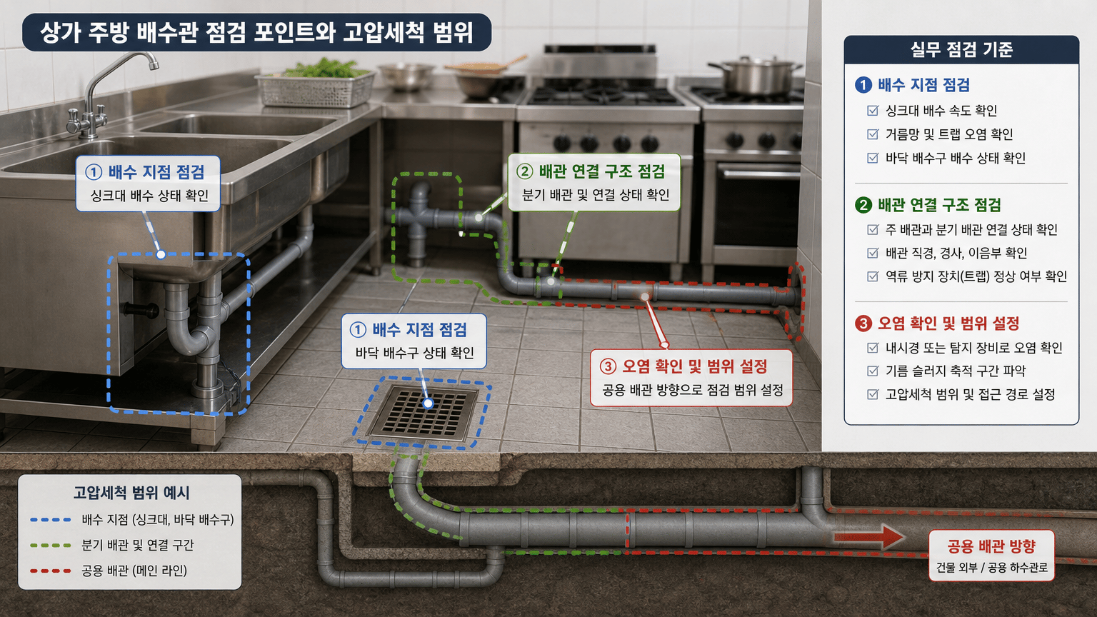 상가 주방 배수관 기름 슬러지, 고압세척 범위 정하는 점검법
